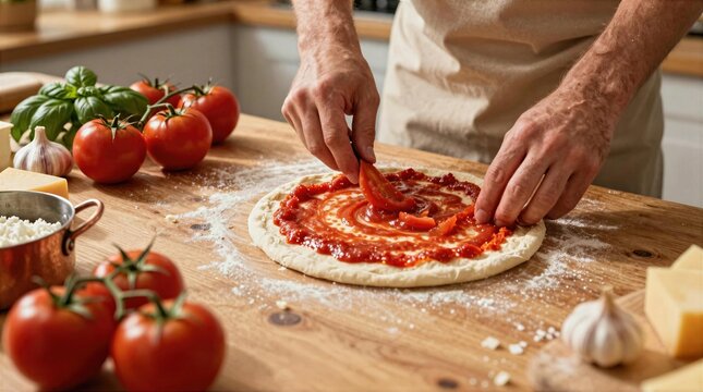 Preparation of pizza with tomato sauce and fresh ingredients in a kitchen