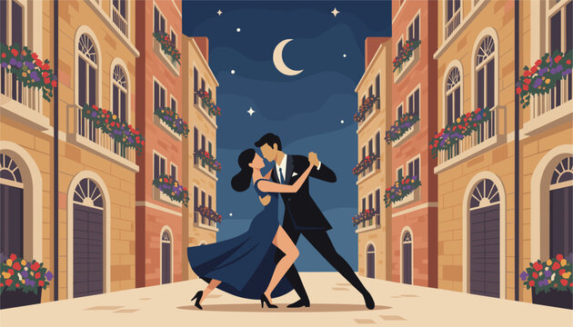 Couple performs a dramatic tango dance in a narrow cobblestone European street under a moonlit night sky.
