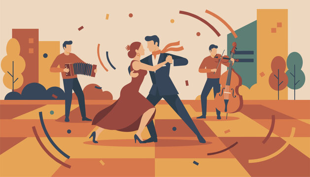 Elegant couple dances the tango on a checkered floor while being accompanied by live musicians playing the accordion and cello.