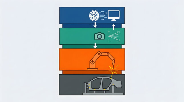 Smart Factory Automation Infographic with AI Computer Vision and Robotic Assembly