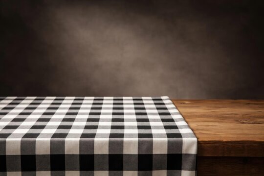 Checkered Tablecloth Draped Over a Wooden Surface Against a Dark Background