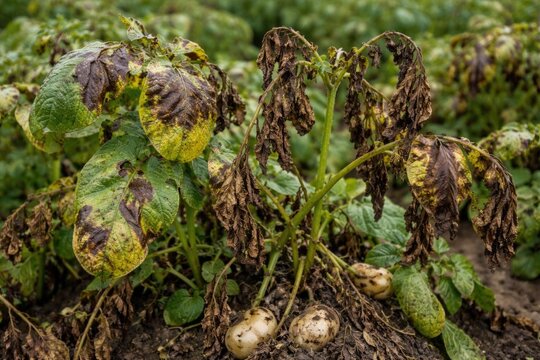 Potato Plants with Wilting Leaves and Exposed Tubers in a Farm Field