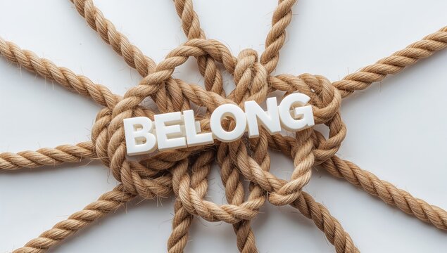 Rope Knot Arrangement with White Lettering 'Belong' on White Background