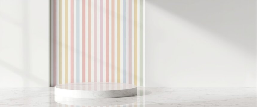 Minimalist Display Stand with Vertical Striped Wall in Soft Pastel Colors