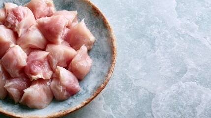 Fototapeta premium Raw Diced Chicken Breast in Ceramic Bowl on Blue Stone Background