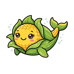 Fototapeta premium Cute Corn Character with Green Leaves and Smiling Face.