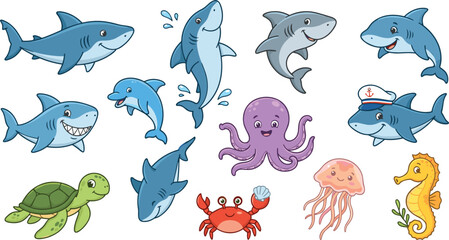 Cute marine animals set with sharks dolphin turtle octopus crab jellyfish and seahorse for stickers vector illustration © MdBarat
