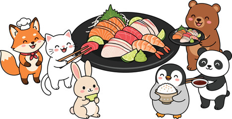 Cute animals fox cat rabbit penguin panda bear eating fresh Japanese sashimi sushi seafood platter vector illustration