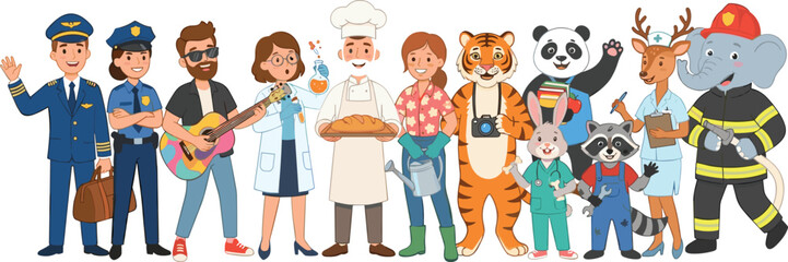 Fototapeta premium Diverse group of human professionals and cute animal characters standing together representing various occupations vector illustration