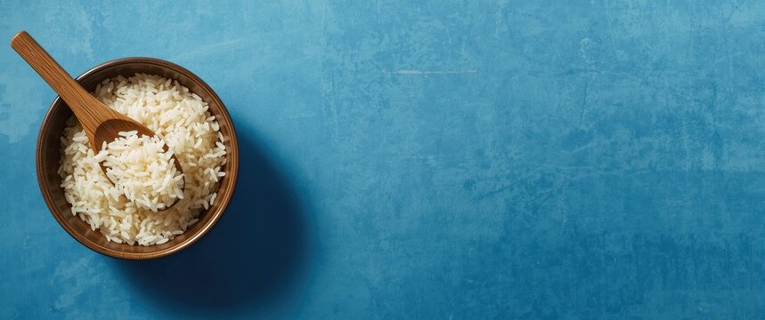 Cooked Rice in Wooden Bowl with Spoon - Blue Background, Minimalist Composition