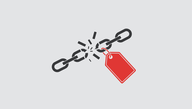 Broken iron chain with a hanging red sale tag icon on a simple light background.