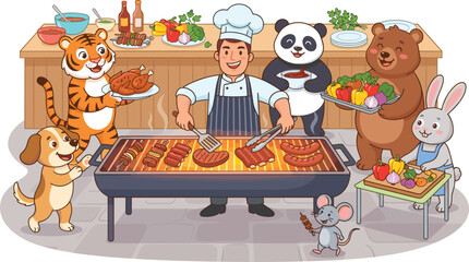Happy chef grilling barbecue with cute friendly animals tiger dog panda bear rabbit mouse preparing food party © MdBarat
