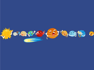A cute kawaii illustration of the solar system with planets for kids. Educational resources: astronomy and space. © Anastasiya