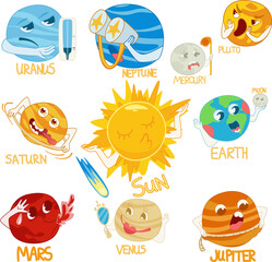 A cute kawaii illustration of the solar system with planets for kids. Educational resources: astronomy and space. © Anastasiya