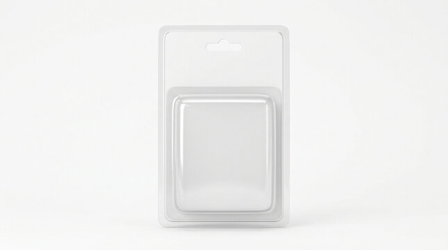 Clear plastic blister packaging with a cardboard insert and realistic reflections on a solid white background