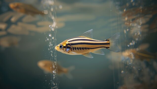 Zebrafish displaying typical stripes while navigating aquarium currents