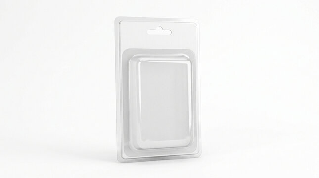 A clamshell mockup featuring a transparent front and a blank back for small products on white