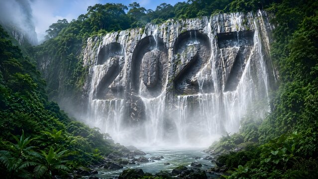 The numbers 2027 are carved into a majestic waterfall cascading down a lush, green cliff face, surrounded by vibrant jungle foliage.