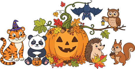 Cute cartoon halloween animals set with pumpkin tiger panda bat owl hedgehog and squirrel autumn vector illustration © MdBarat