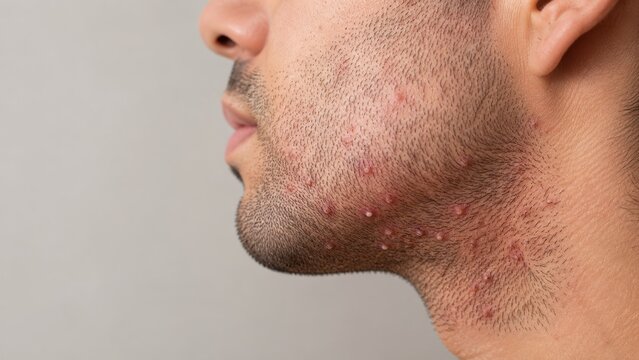 Close up of young man with acne bumps and pimples on lower cheek and jawline skin inflammation
