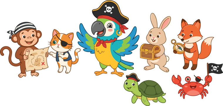 Cute cartoon pirate animals set with monkey cat parrot rabbit fox turtle and crab vector illustration sticker