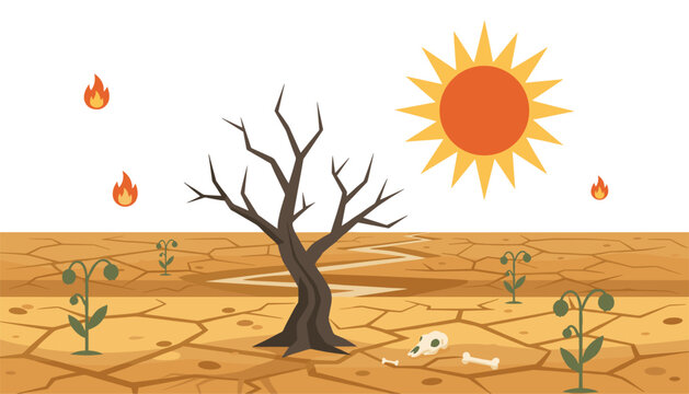 Desolate parched earth landscape features a withered dead tree under a blazing sun with glowing embers and an animal skull below.