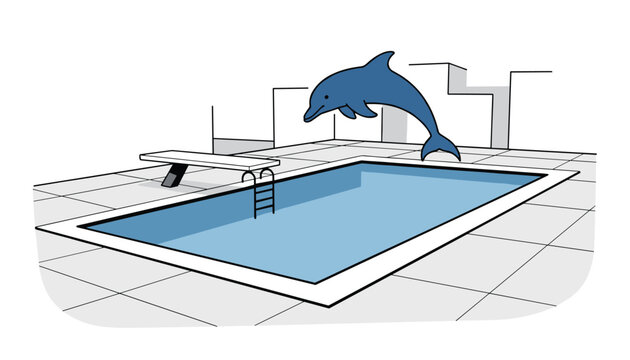 Playful blue dolphin leaps high over a backyard swimming pool featuring a diving board and tiled deck in a clean minimalist style.