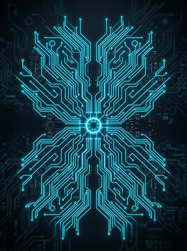 Symmetrical teal circuit board pattern with glowing core