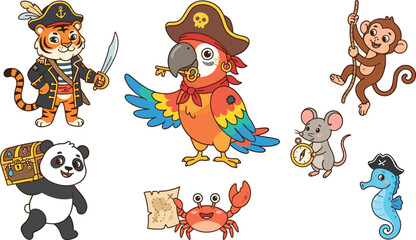 Cute cartoon pirate animals set with tiger parrot monkey panda mouse crab and seahorse vector illustration sticker