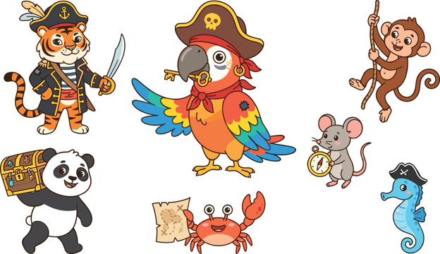 Cute cartoon pirate animals set with tiger parrot monkey panda mouse crab and seahorse vector illustration sticker