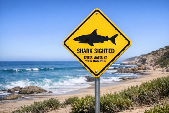 A yellow flag with a graphic of a shark alerting people to potential danger in the water