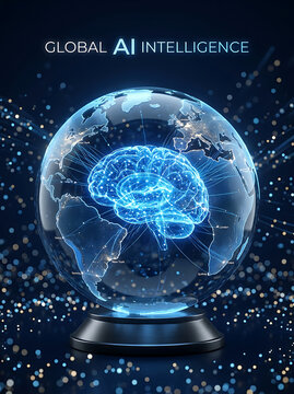Global artificial intelligence brain hologram inside digital earth
