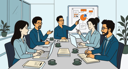 Fototapeta premium Business Team Meeting in Modern Office Flat Vector Illustration