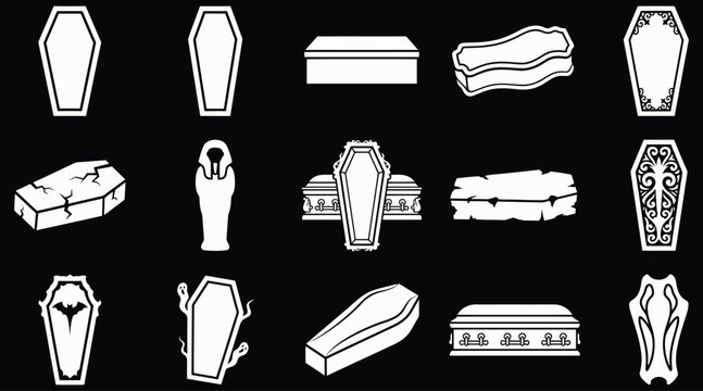 A comprehensive halloween vector bundle featuring various white outline illustrations of wooden coffins and burial caskets isolated on a solid black background