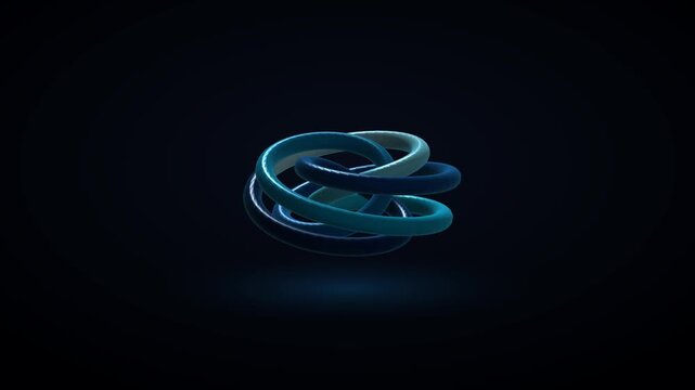 A glossy blue torus knot rotates smoothly against a deep dark background, creating a hypnotic geometric motion.
