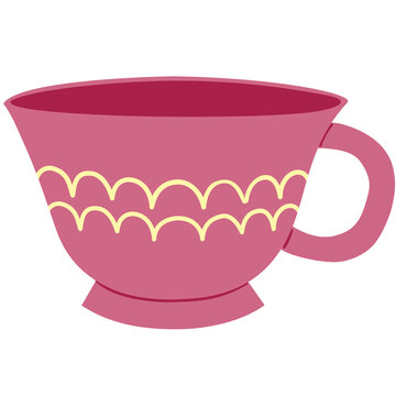 A stylish pink teacup with elegant decorative patterns in flat vector style, ideal for serving tea or coffee, adding charm to kitchen decor, stickers, and creative designs
