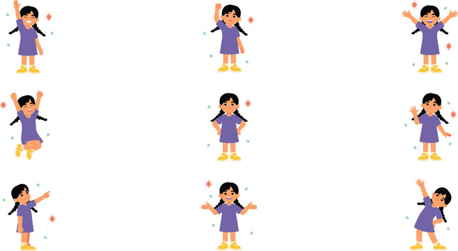 Cute Little Girl Character Pose Sheet Set with Happy Gestures Jumping Waving and Pointing Flat Vector Illustration
