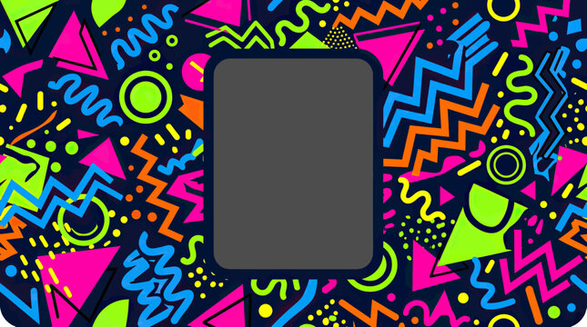 Retro nineties Memphis style colorful pattern frame.