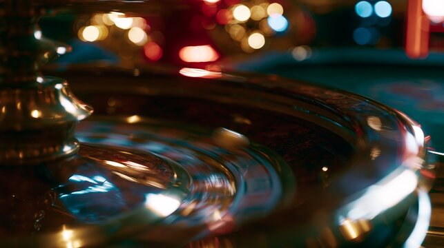 Roulette ball moving on a spinning casino wheel with colourful bokeh lights
