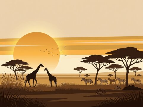 African savanna landscape at sunset with acacia trees, giraffes and zebras in a golden wildlife scene