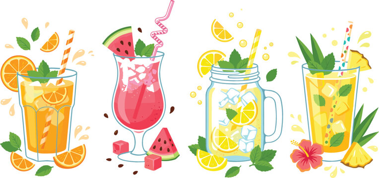 Summer tropical cocktails and refreshing fruit drinks vector illustration collection with cold lemonade iced tea smoothies isolated on white background for restaurant menu design