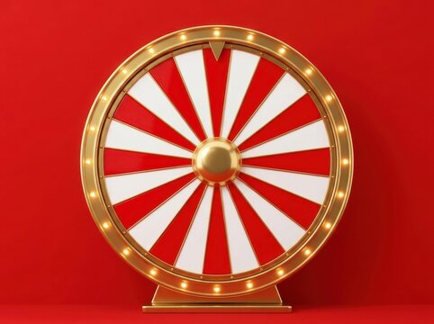 Bright red and white spinning fortune wheel with golden rim and lights against red backdrop