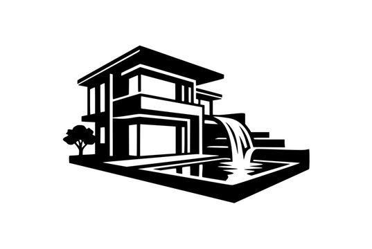 Minimalist Modern House Vector Illustration with Swimming Pool and Waterfall