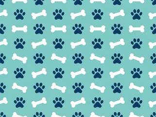 Seamless dog paw print and bone pattern on a blue background