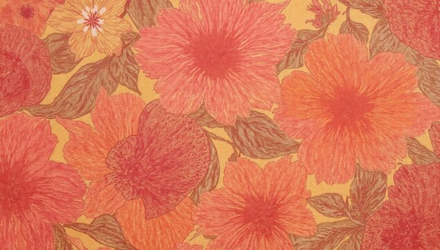 Vibrant Floral Pattern with Orange and Pink Flowers on Yellow Background