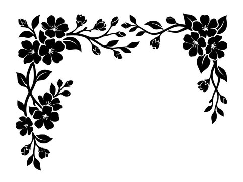 Black Floral Corner Border Ornament Silhouette with Flowers and Leaves