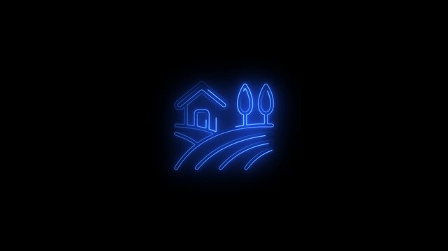 Neon farmhouse animation: glowing rural landscape and countryside house symbol for agriculture and sustainable living concepts