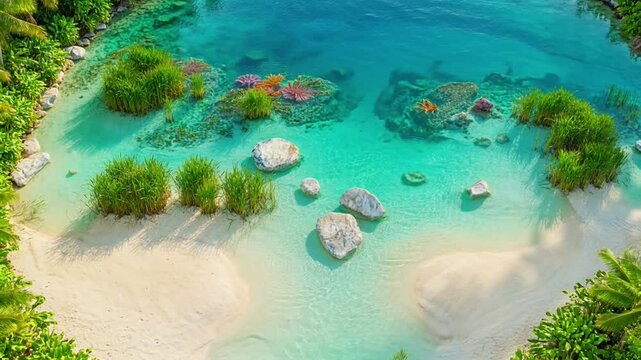 Stunning Aerial View of a Tropical Lagoon with Turquoise Water and Lush Coastal Vegetation and Coral