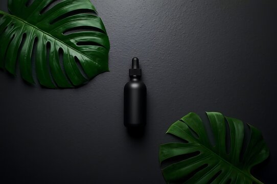 Black cosmetic dropper bottle with monstera leaves on dark textured surface cosmetic skincare monstera branding wellness essential treatment packaging container botanical dermatology
