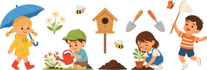 Fototapeta premium Happy Kids Gardening and Exploring Nature Vector Set Featuring Watering Can Birdhouse Shovels Umbrella Plant Pot and Butterfly Net Flat Illustration